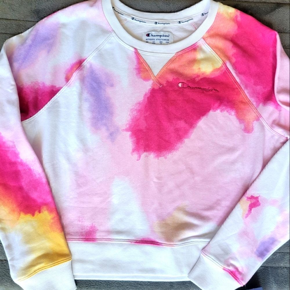 CHAMPION CAMPUS FRENCH TERRY CREWNECK SWEATSHIRT IN WHITE NEON WATERCOLOR SIZE M - Picture 3 of 11